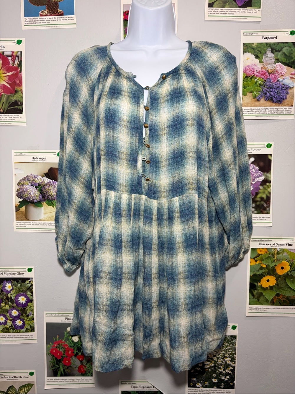Maeve Blue and Cream Plaid Button-Front Peasant Blouse